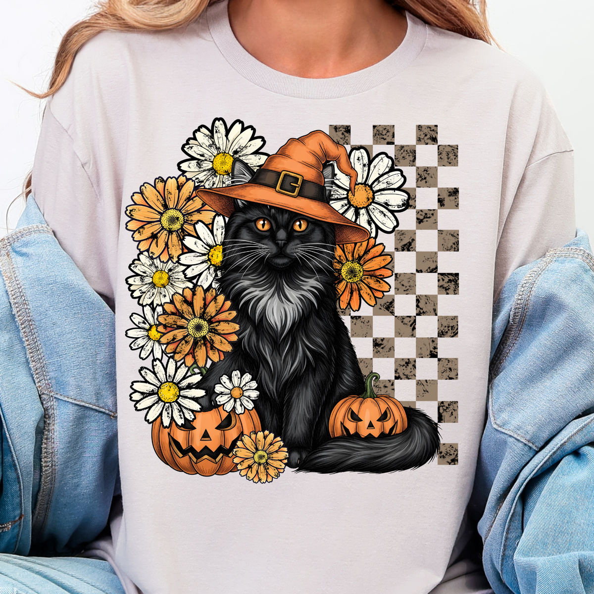 Floral Black Cat - Full Color DTF Transfer - 0934