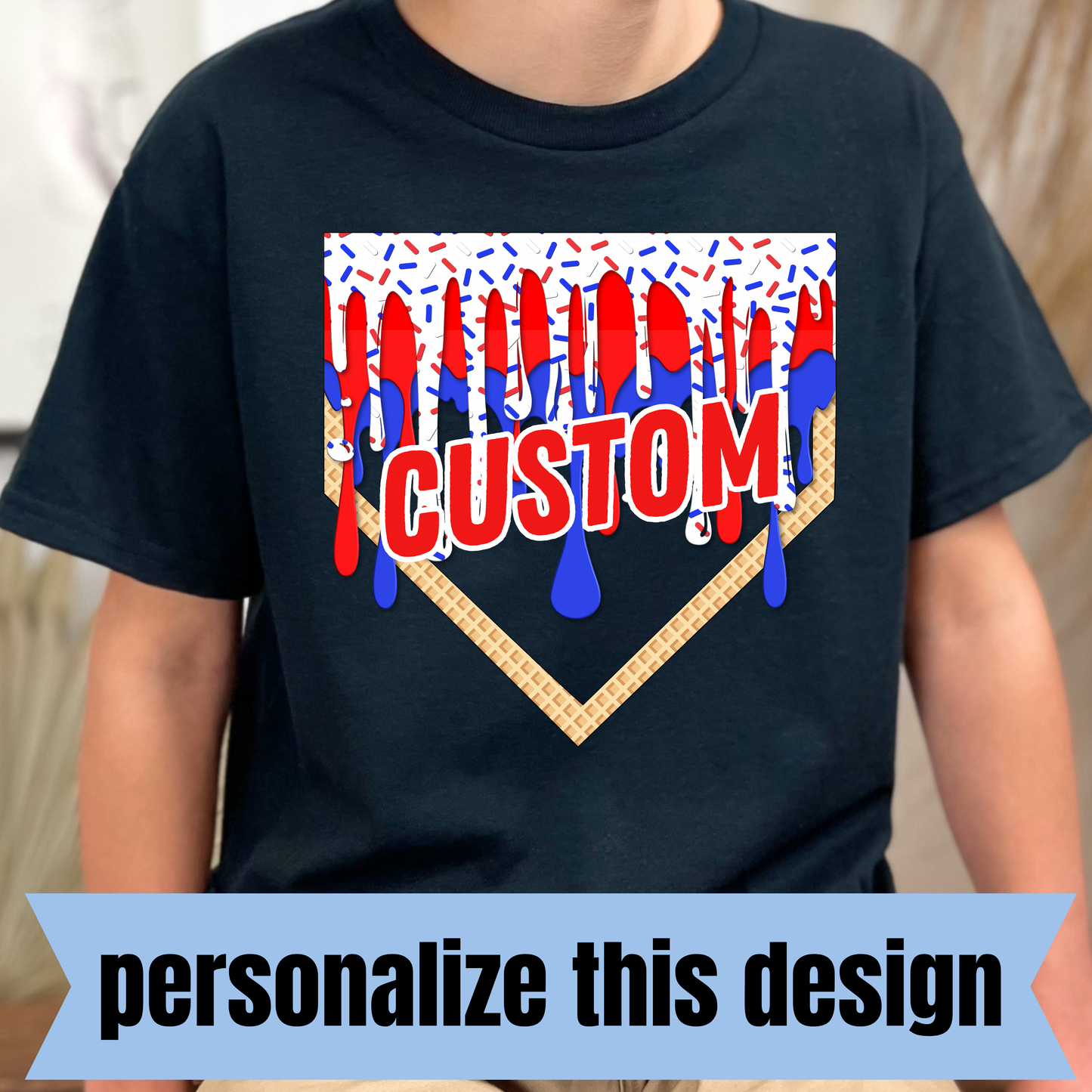 **PERSONALIZED CUSTOM** Red, White and Blue Waffle Drip Baseball Diamond- Personalized DTF Transfer