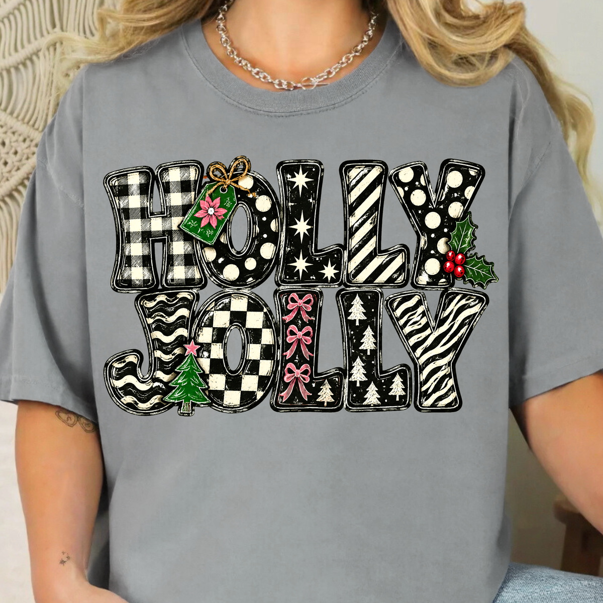 Holly Jolly Black & White - Full Color DTF Transfer - 0987