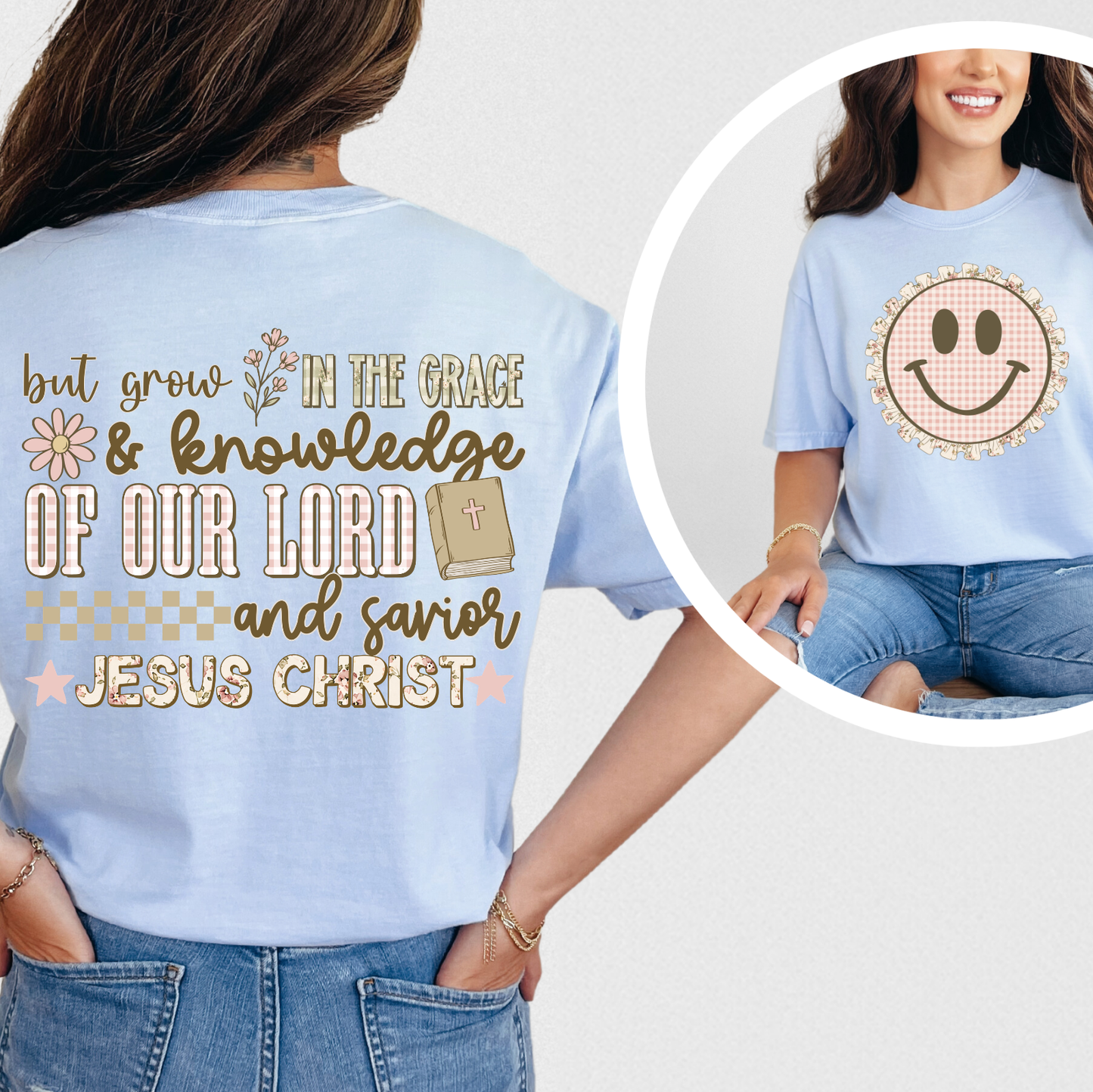 Gingham Floral Smiley - Full Color DTF Transfer - 0836