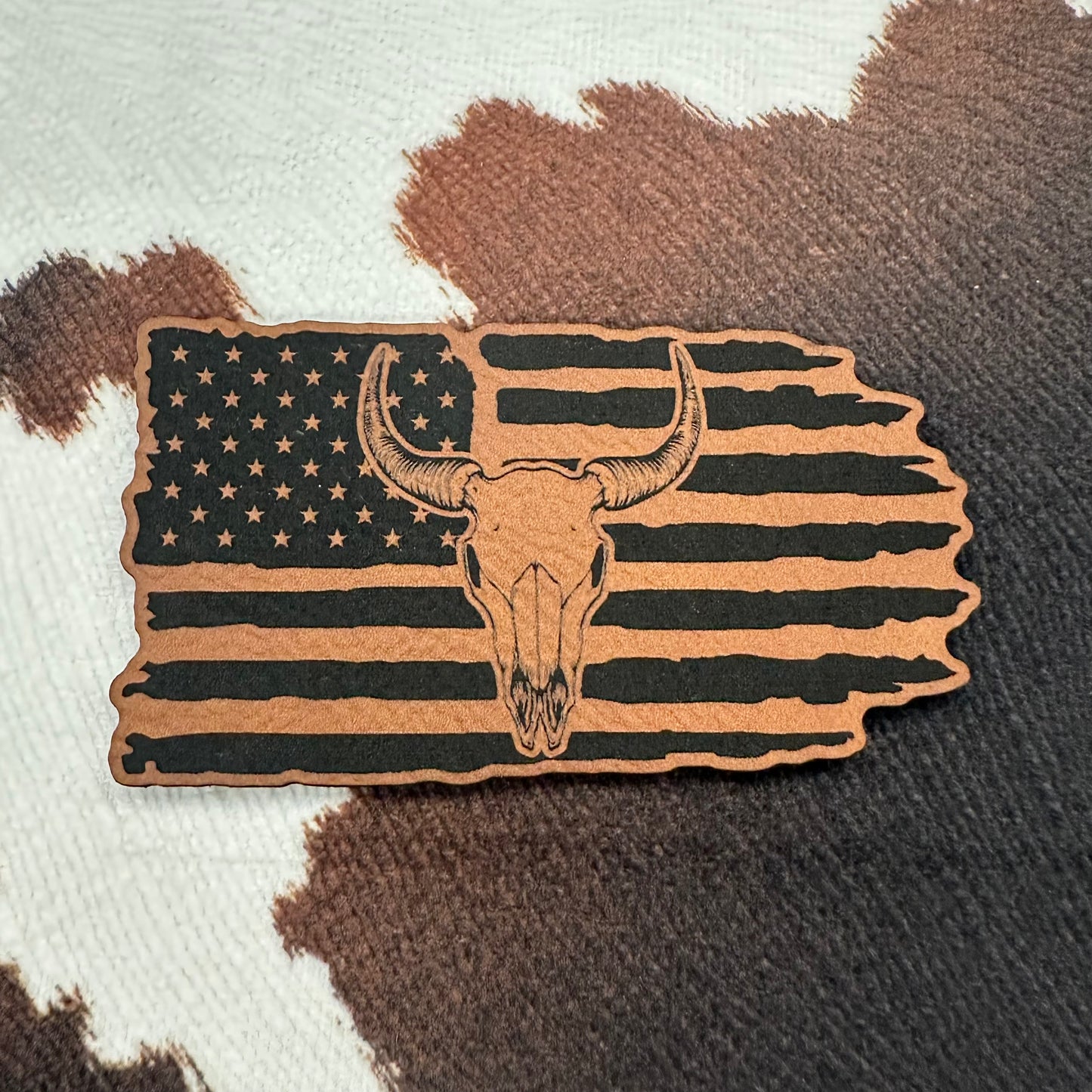 Tattered Flag Cow Skull- 3.25” wide Leatherette Patch