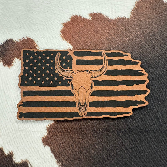 Tattered Flag Cow Skull- 3.25” wide Leatherette Patch