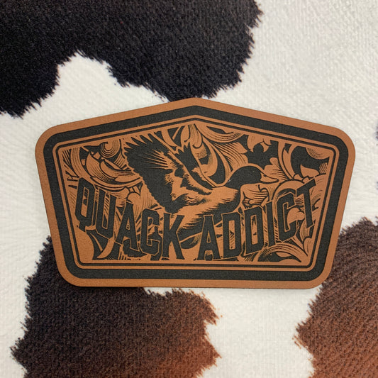 Quack Addict Tooled-3.6" wide x 2.15" tall Leatherette Patch