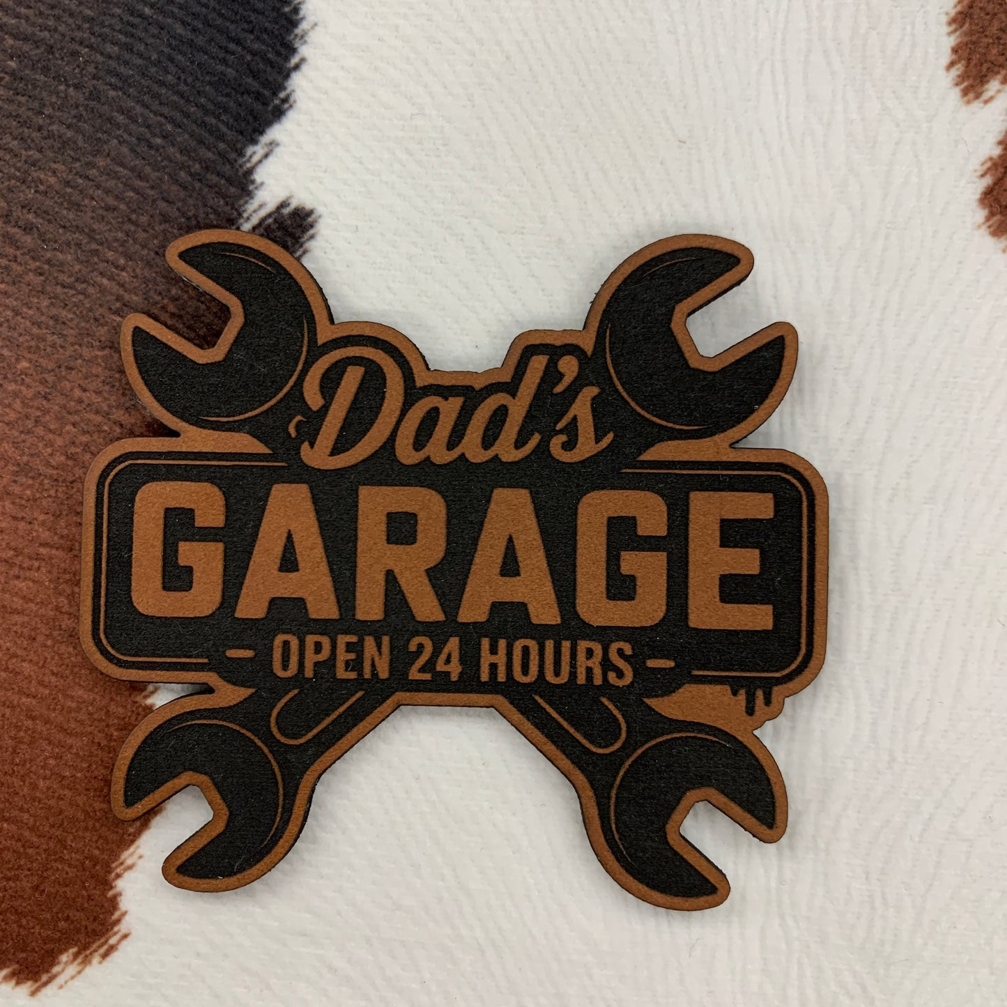 Dad’s Garage-Open 24 Hours- 2.5" wide x 2.4" tall Leatherette Patch