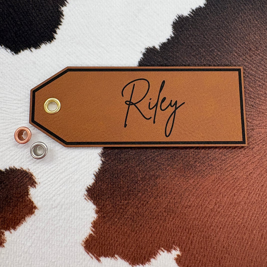 Custom Name Leatherette Patch with Grommet- 1.5” wide x 4” tall Leatherette Patch