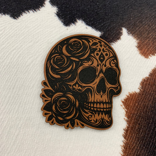 Flowery Skull- 2" wide x 2.3" tall Leatherette Patch