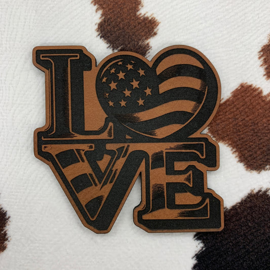 Love America- 2.5" wide x 2.4" tall Leatherette Patch