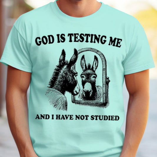 God is Testing Me and I Have Not Studied- Single Color (black)- 11.5" wide Plastisol Screen Print Transfer