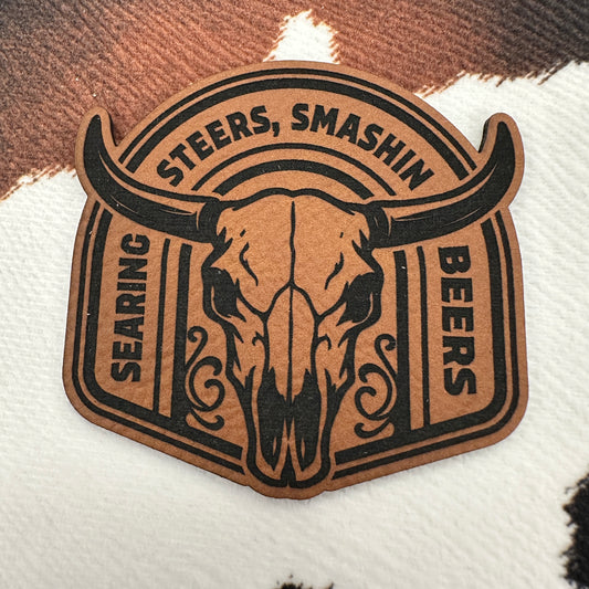 Searing Steers, Smashin Beers- 2.5" wide Leatherette Patch