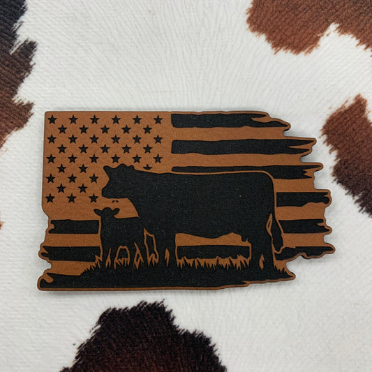 USA Tattered Cow Flag- 3.25" wide x 2.5" tall Leatherette Patch