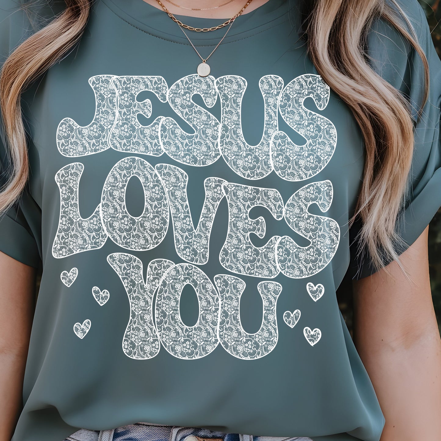 Jesus Loves You Lace- Single Color (white)- 11.5" Screen Print Transfer