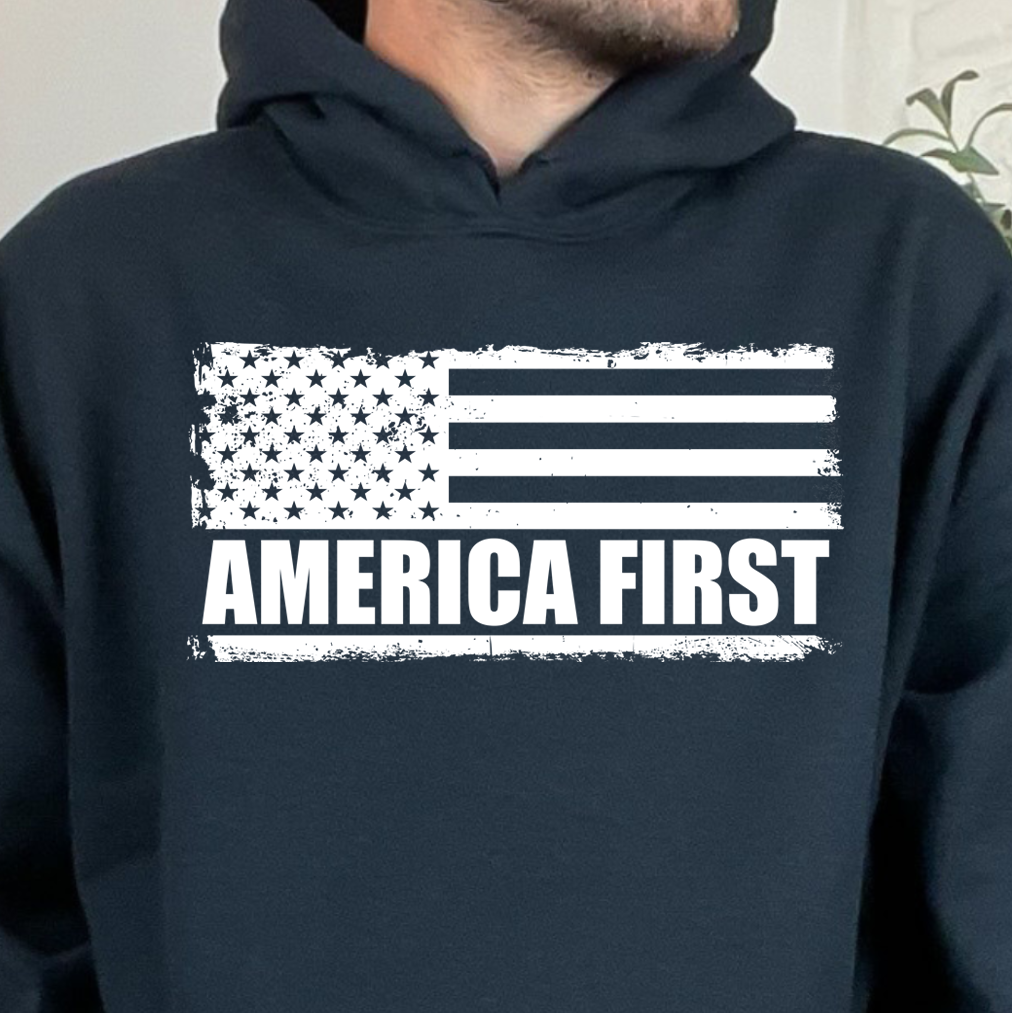 **PREORDER** America First- Single Color (white)- 11.5” wide Screen Print Transfer