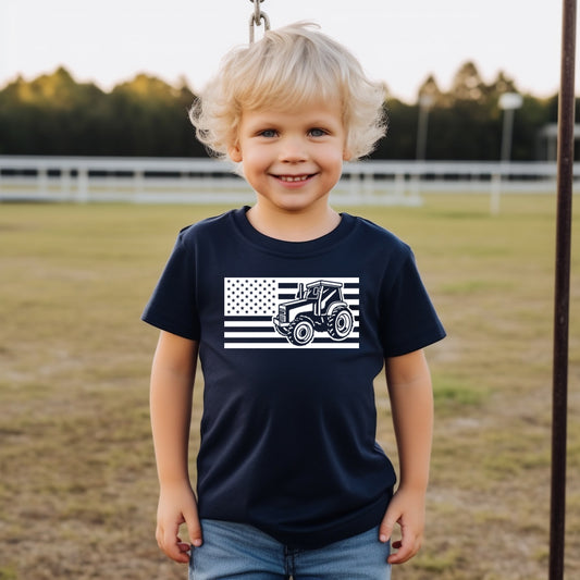 American Flag Tractor (Toddler)- Single Color (white)- 7" wide Plastisol Screen Print Transfer