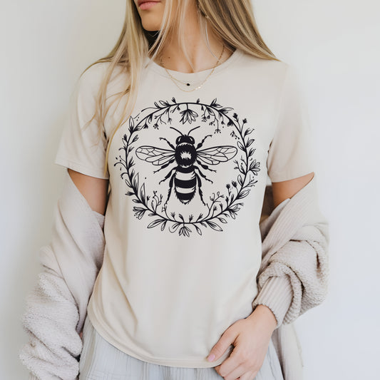 Bee Flower Wreath- Single Color (black)- 11.5" Screen Print Transfer