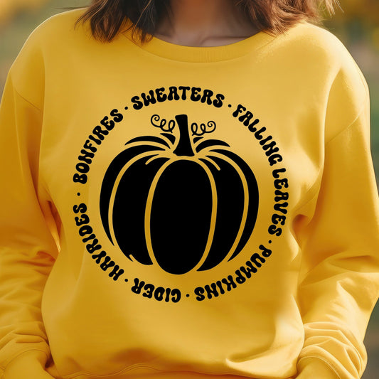 Bonfires, Sweaters, Falling Leaves, Pumpkin, Cider, Hayrides- Single Color (black)- 11.5" wide Screen Print Transfer