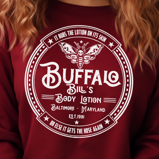 Buffalo Bill's Body Lotion- Single Color (white)- 11.5" wide Plastisol Screen Print Transfer