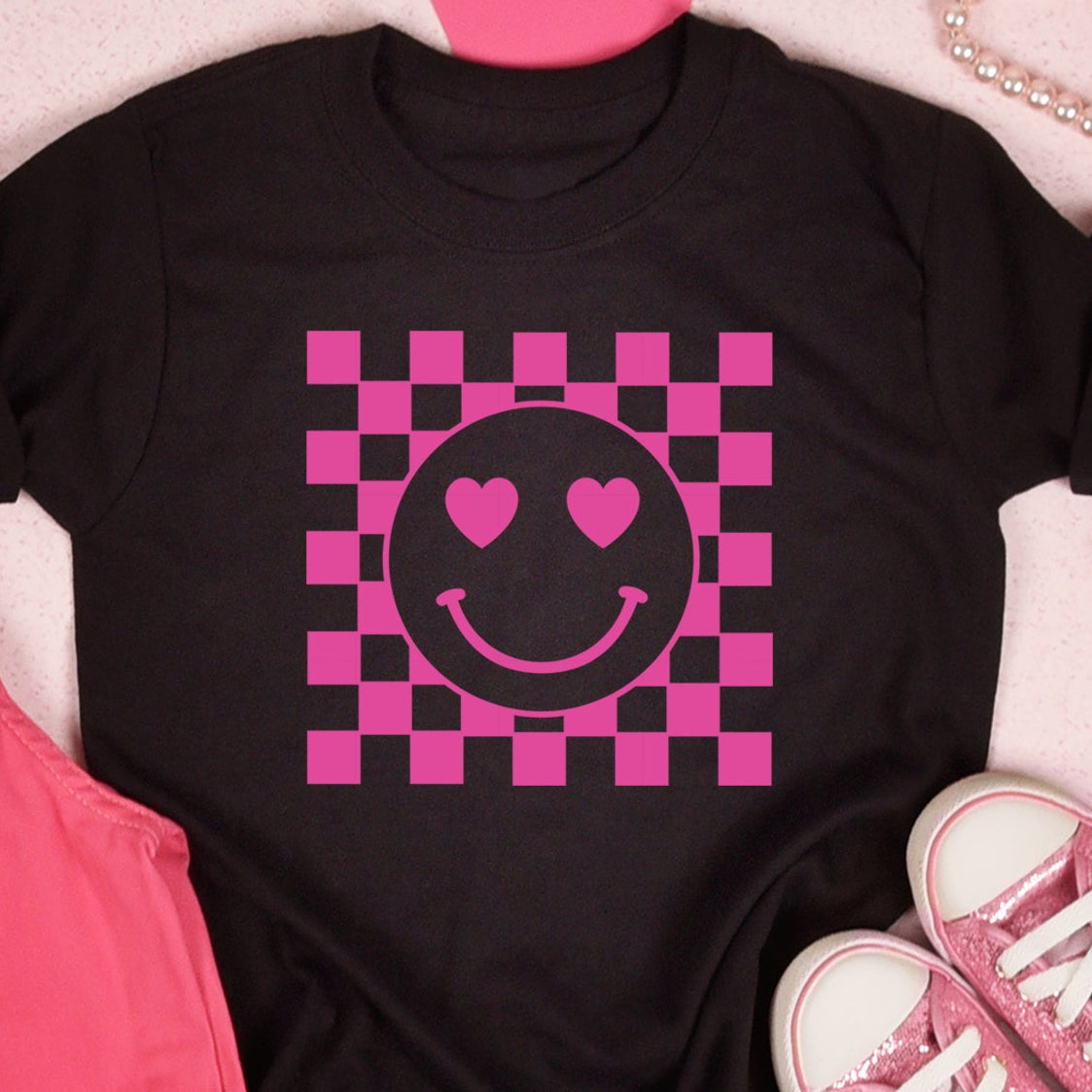 Checkered Heart Smiley (Toddler)- Single Color (bright pink)- 7" wide Plastisol Screen Print Transfer