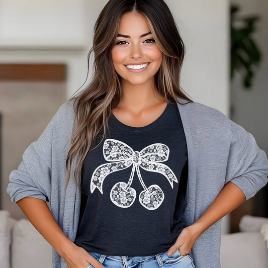 Cherry Lace Bow- Single Color (white)- 11.5" Screen Print Transfer