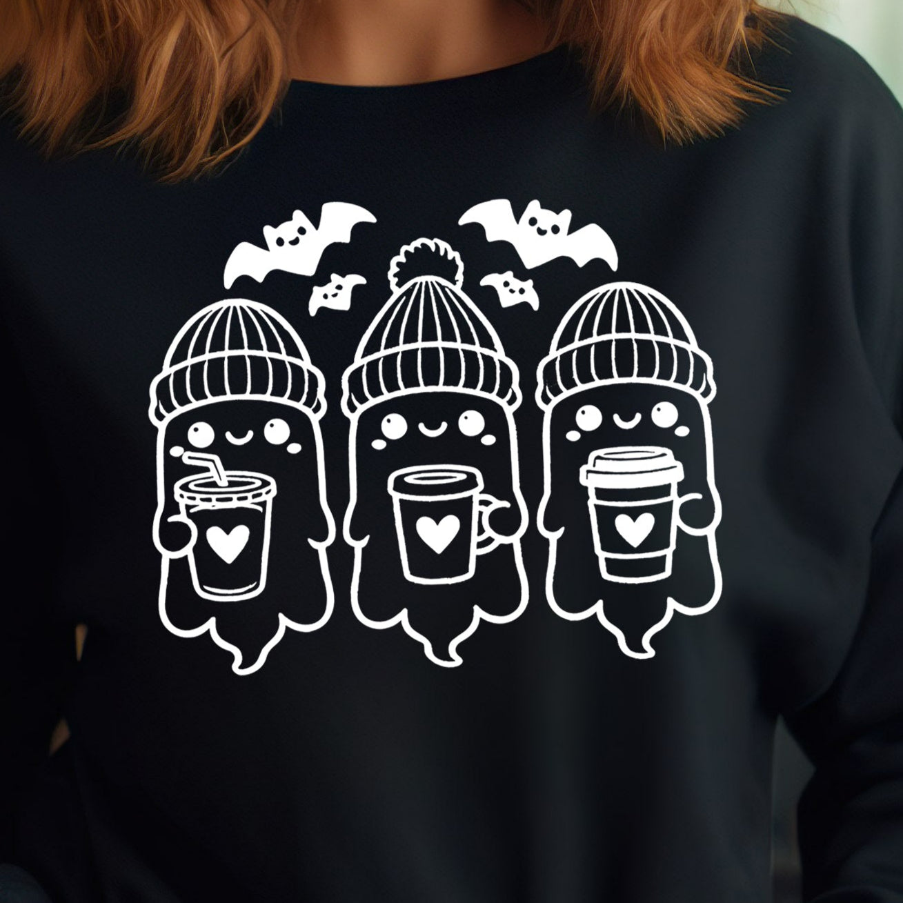 Cute Coffee Ghosts- Single Color (white)- 11.5" wide Plastisol Screen Print Transfer