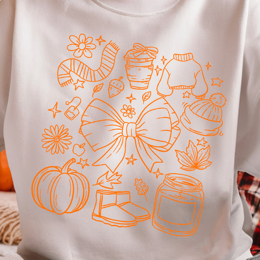 Fall Doodles- Single Color (tennessee orange)- 11.5” wide Single Color Transfer