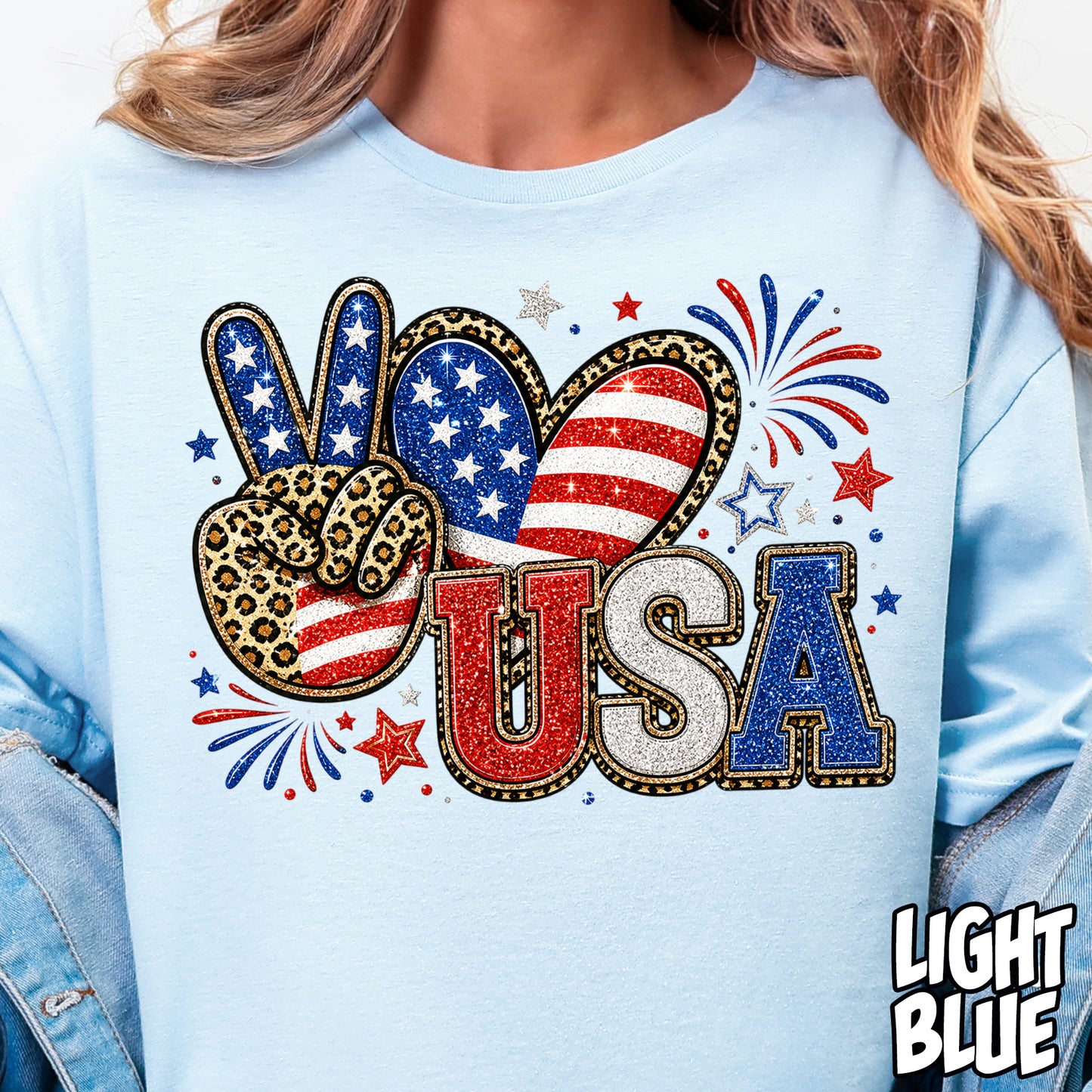 Faux Glitter Peace Love USA- Full Color DTF Transfer