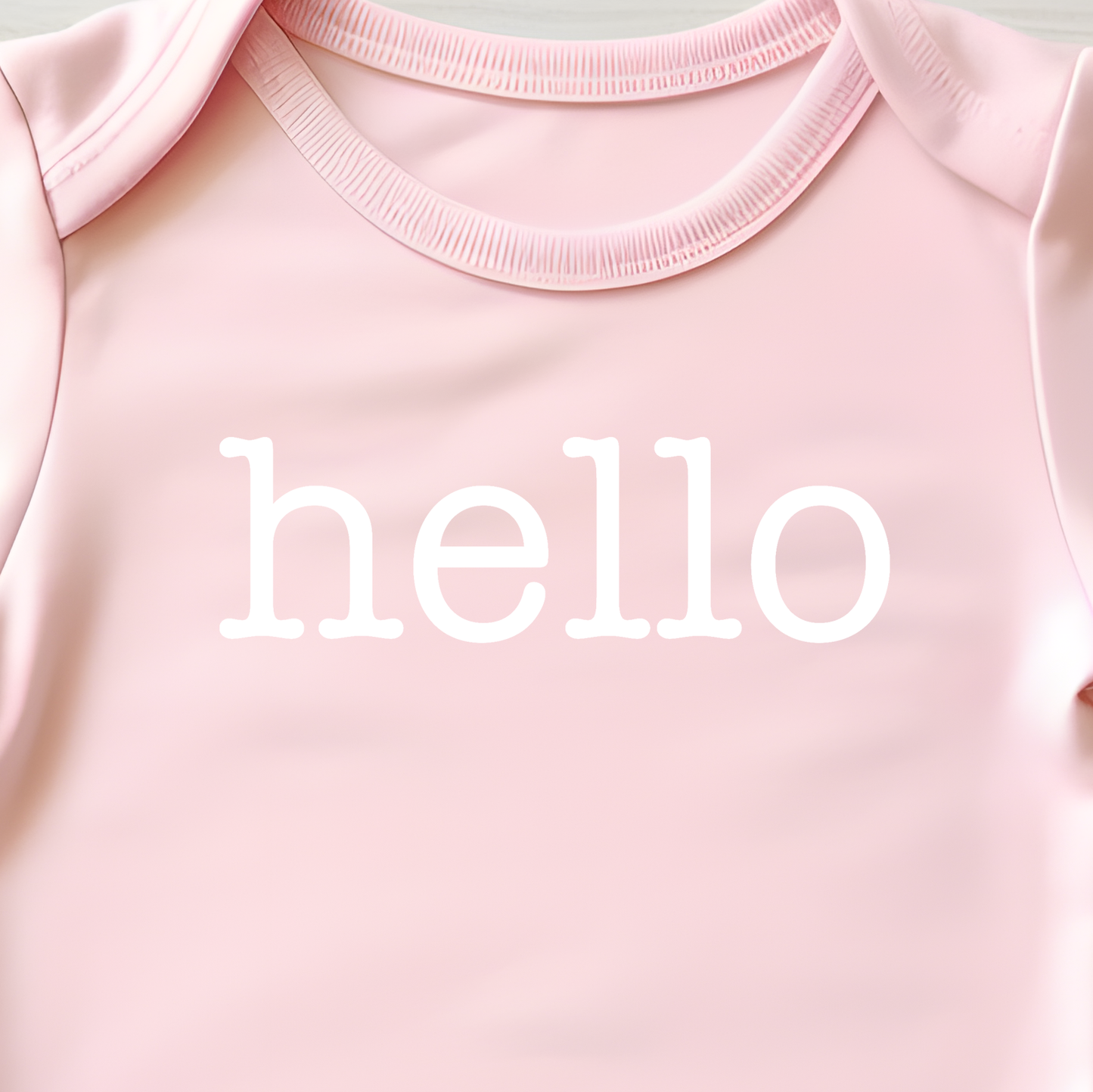 Hello (infant)- Single Color (white)- 4.5” wide Screen Print Transfer