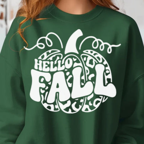 Hello Fall Leopard Pumpkin- Single Color (white)- 11.5" wide Screen Print Transfer
