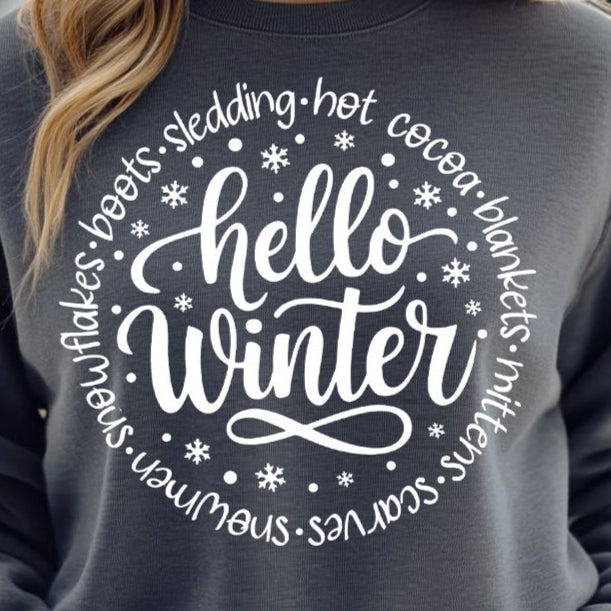 Hello Winter- Single Color (white)- 11.5" wide Plastisol Screen Print Transfer