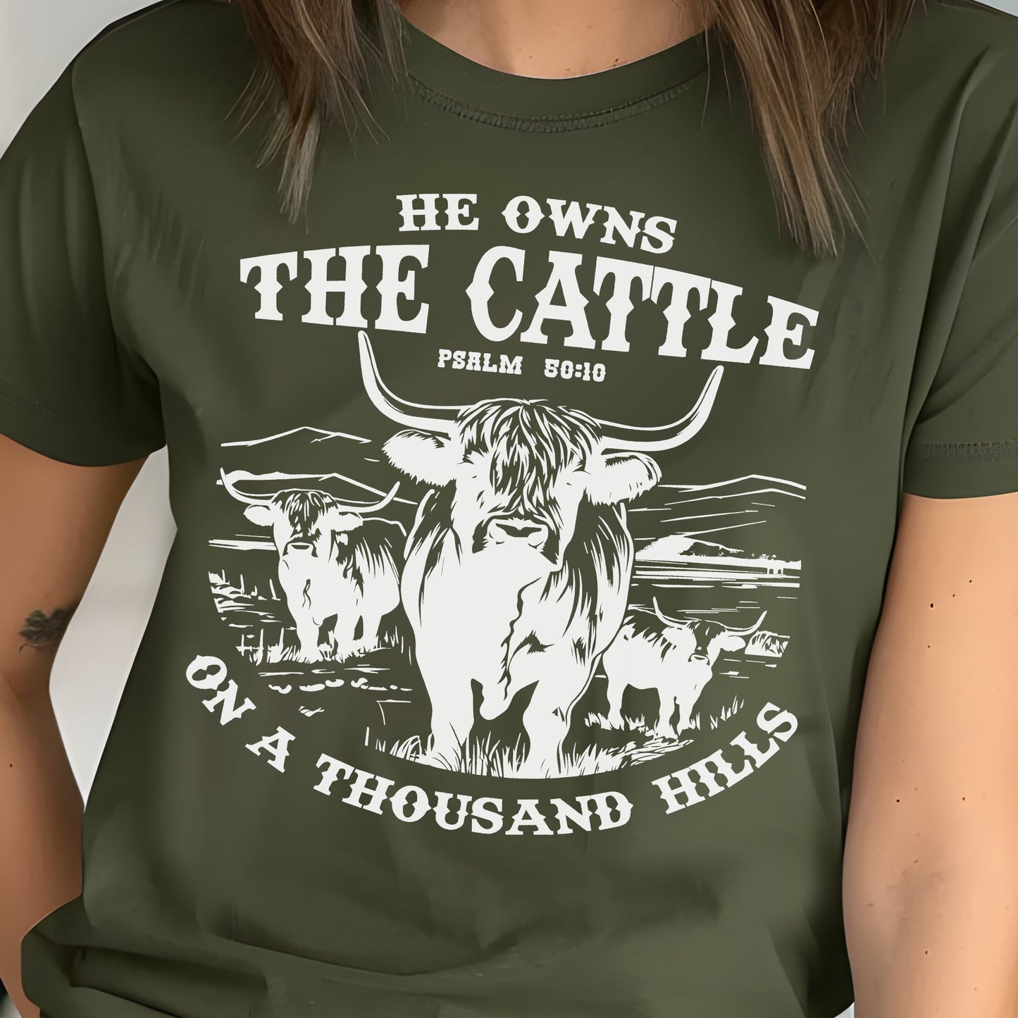 He Owns the Cattle on a Thousand Hills Psalm 50:10- Single Color (white)- 11.5" wide Plastisol Screen Print Transfer