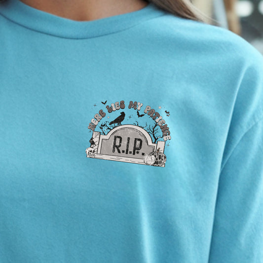 Here Lies My Patience (pocket/hat)- 3.2" wide DTF Transfer