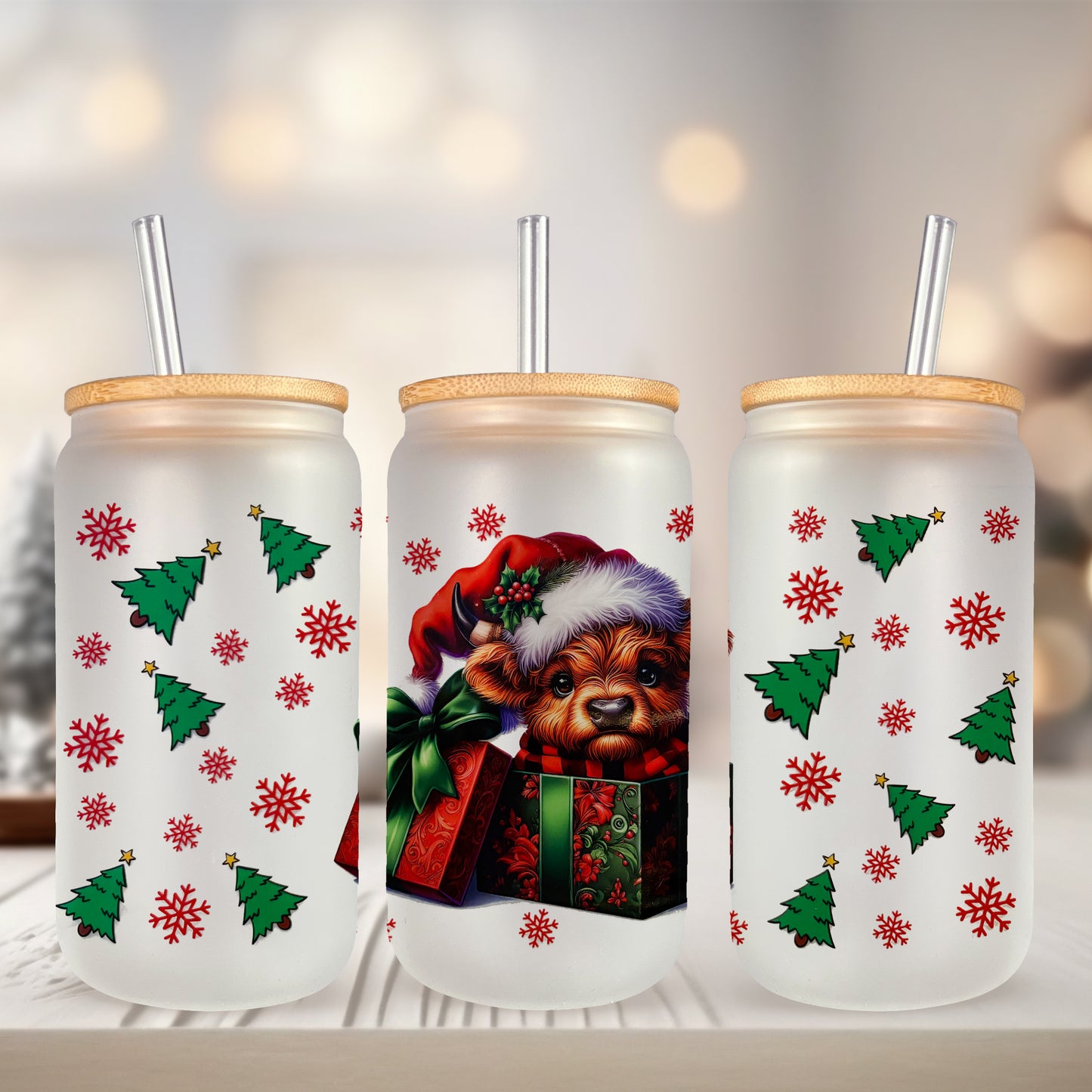 Highland Cow Christmas Present UV DTF- 16oz Cup Wrap
