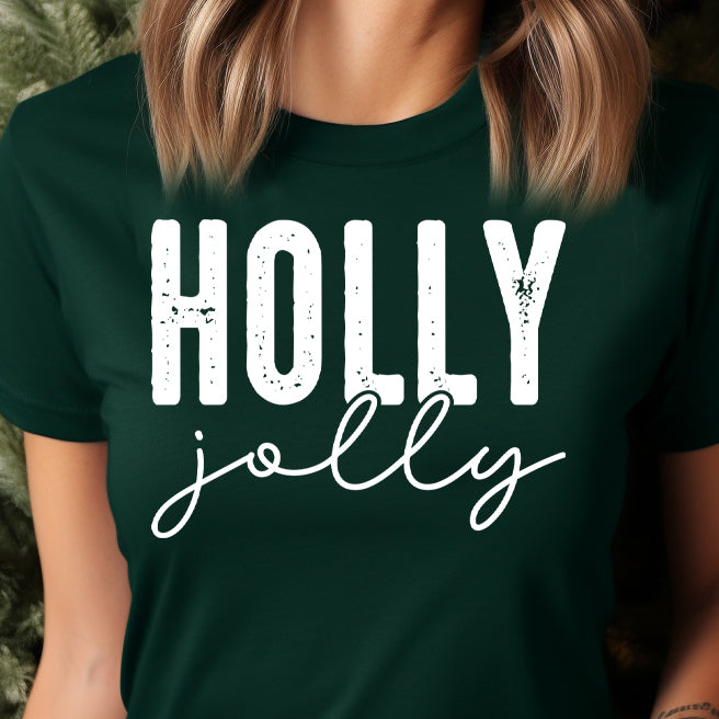 Holly Jolly- Single Color (white)- 11.5” wide Screen Print Transfer