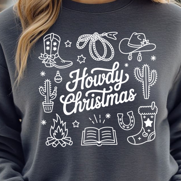 Howdy Christmas Doodles- Single Color (white)- 11.5” wide Screen Print Transfer