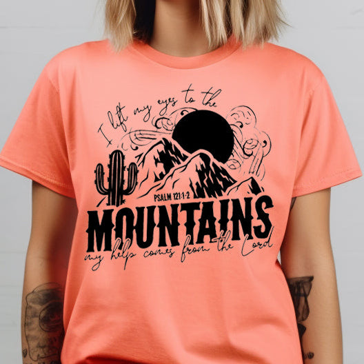 I Lift My Eyes to the Mountains, My Help Comes From the Lord Psalm 121:1-2- Single Color (black)- 11.5" wide Screen Print Transfer