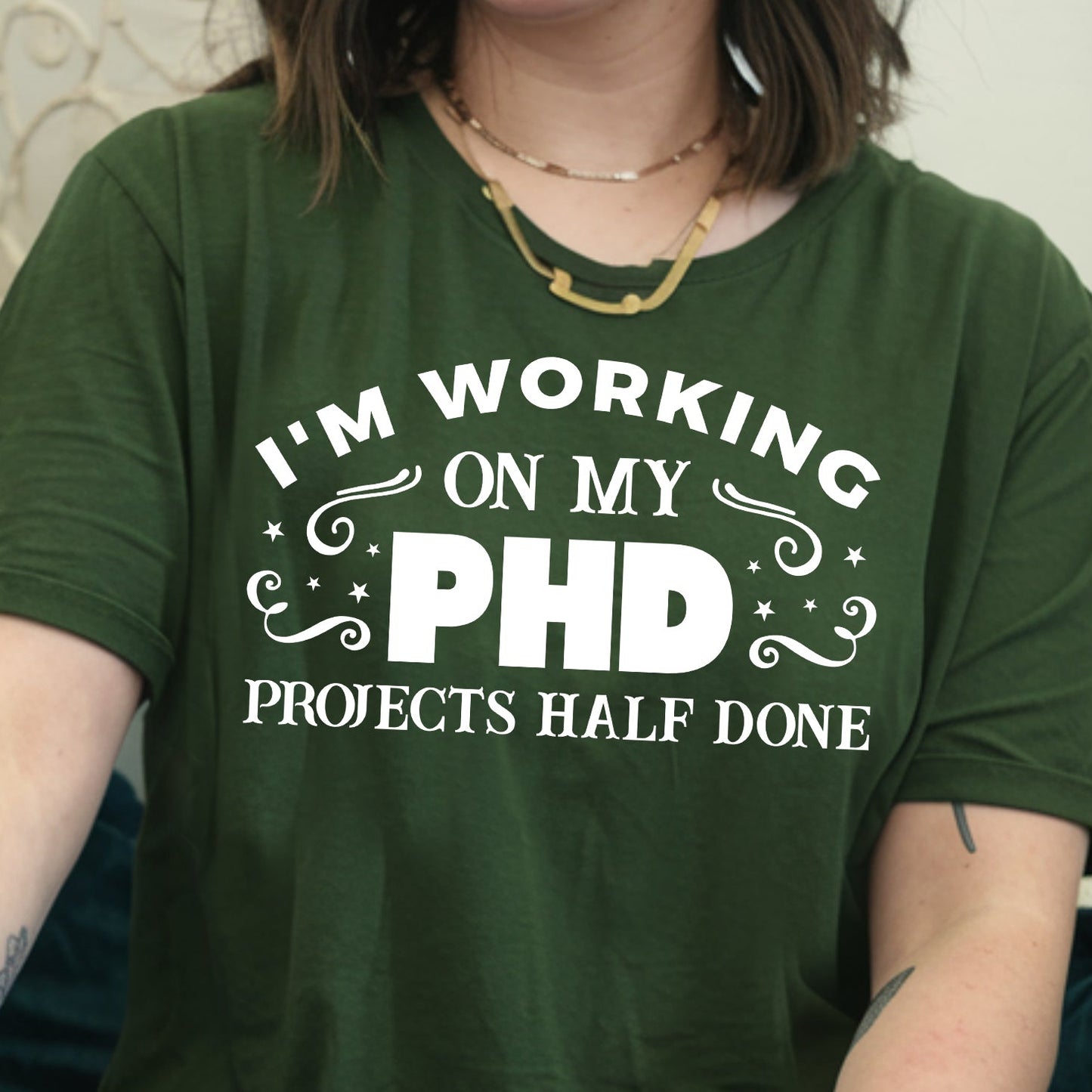 I'm Working on My PHD- Projects Half Done- Single Color (white)- 11.5" wide Plastisol Screen Print Transfer