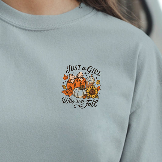 Just a Girl Who Loves Fall (pocket/hat)- 3.2" wide DTF Transfer