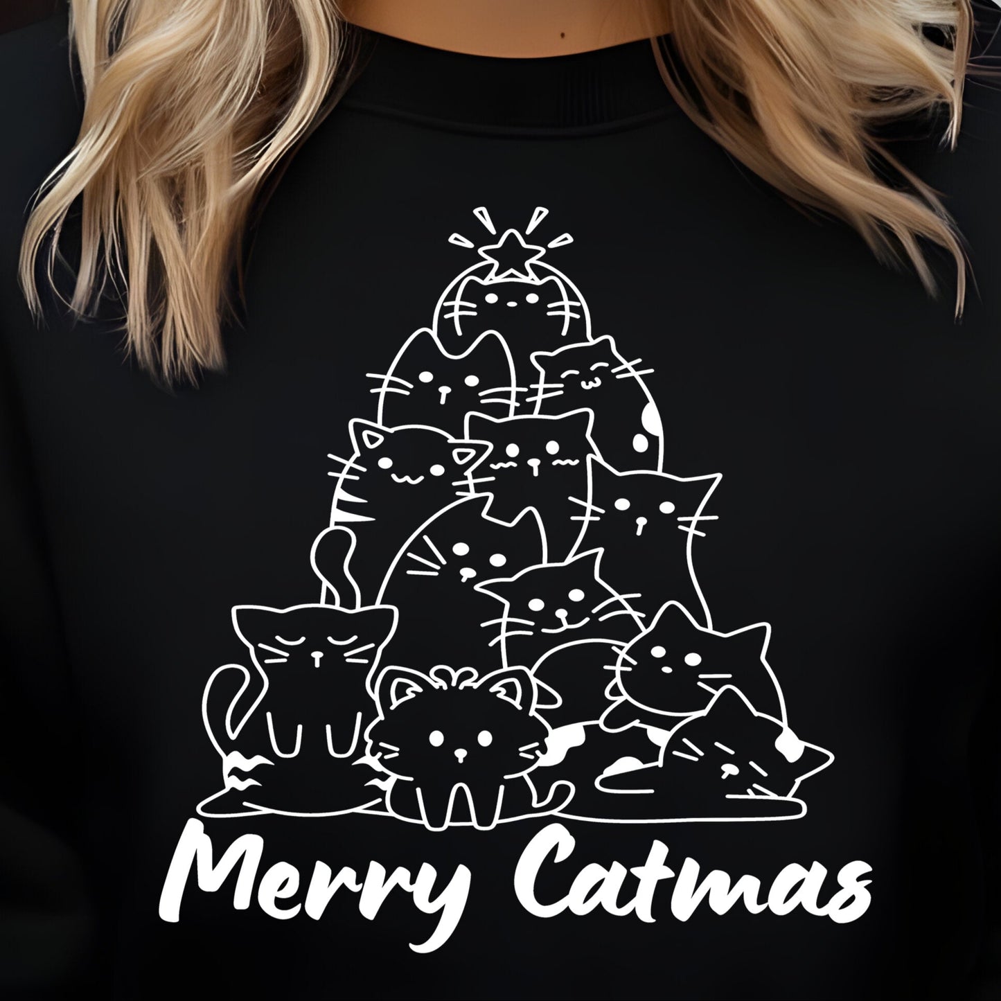 Merry Catmas- Single Color (white)- 11.5" wide Plastisol Screen Print Transfer