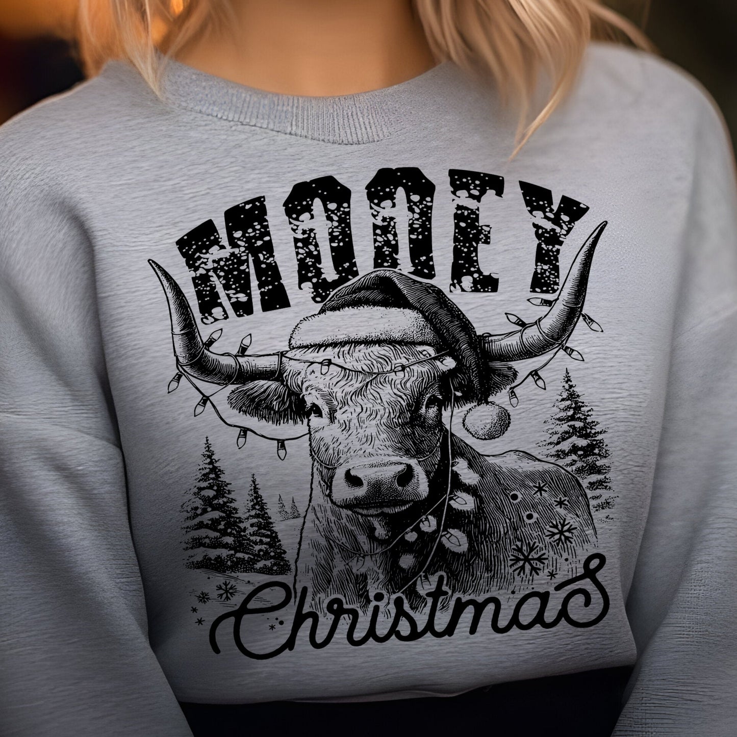 Mooey Christmas- Single Color (black)- 11.5" wide Plastisol Screen Print Transfer