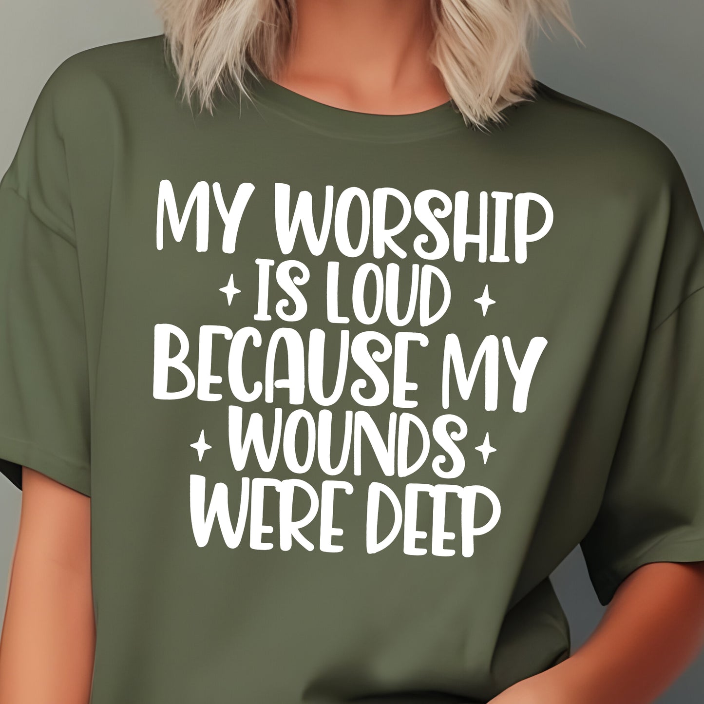 My Worship is Loud Because My Wounds Were Deep- Single Color (white)- 11.5" wide Plastisol Screen Print Transfer