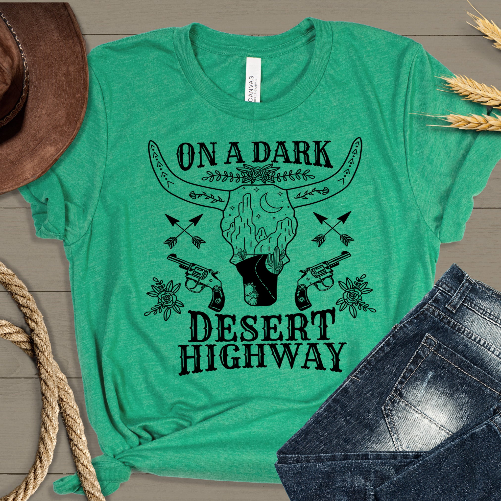 On a Dark Desert Highway Single Color (black) 11" wide Plastisol Sc