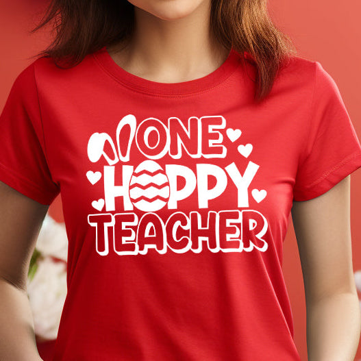 One Hoppy Teacher- Single Color (white)- 11" Screen Print Transfer