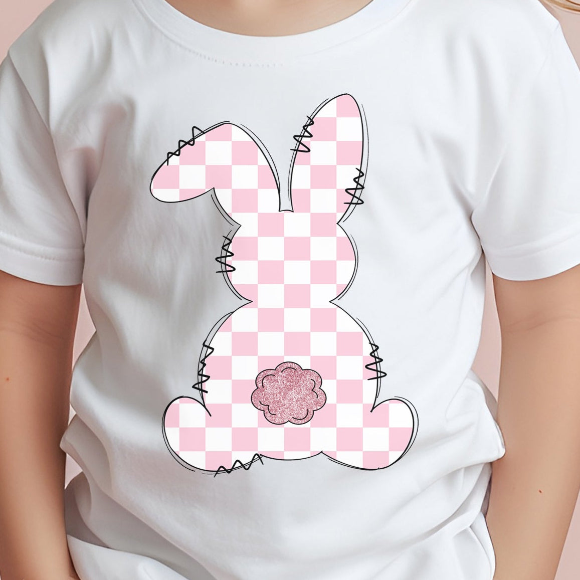 Pink Checkered Bunny (toddler)- 6" wide x 8" tall Full Color Screen Print Transfer