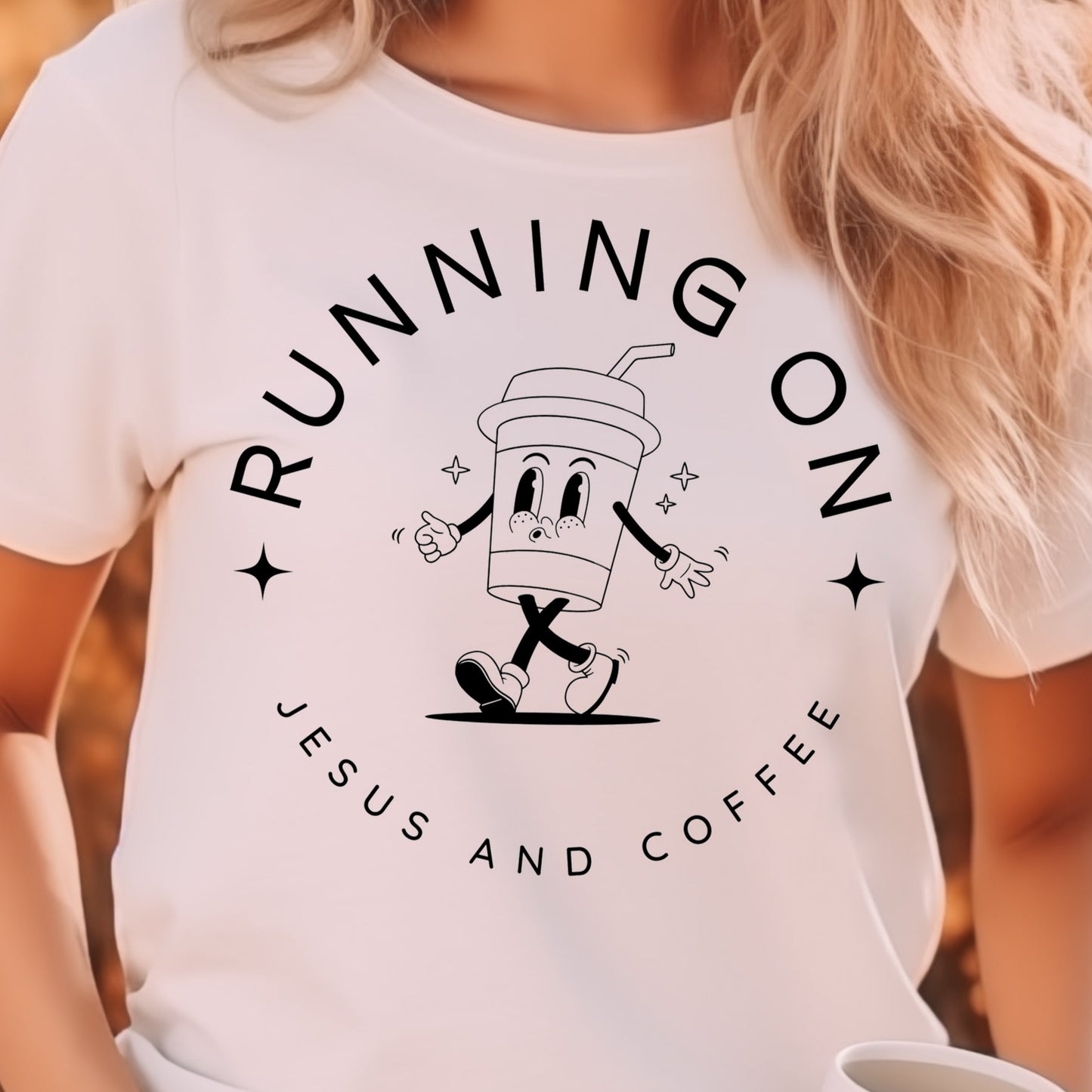 Running on Jesus and Coffee- Single Color (black)- 11.5" wide Screen Print Transfer