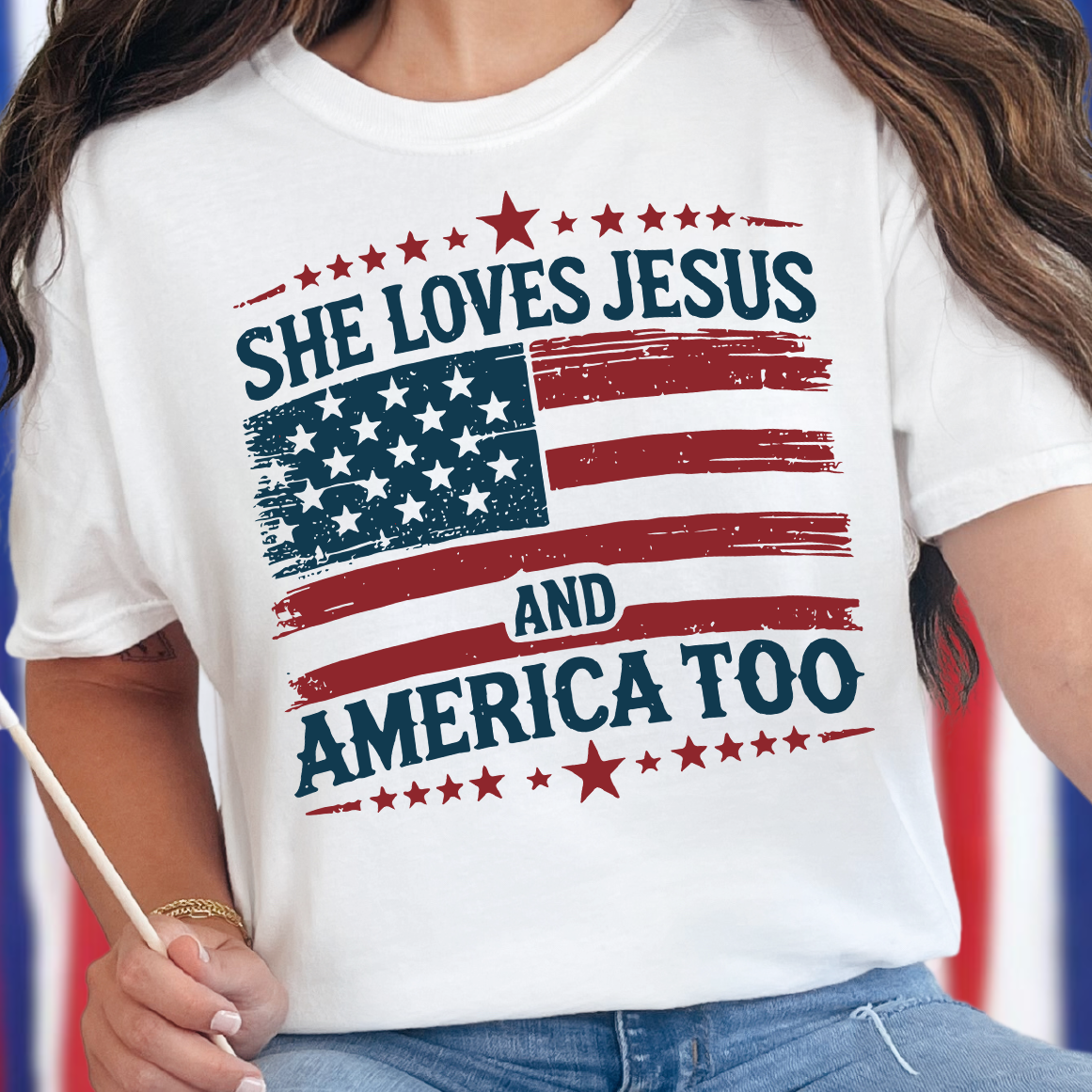 She Loves Jesus and America Too- Full Color DTF Transfer
