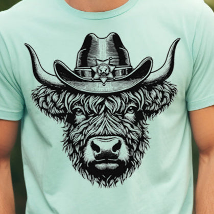 Sheriff Highland Cow- Single Color (black)- 11.5" wide Plastisol Screen Print Transfer