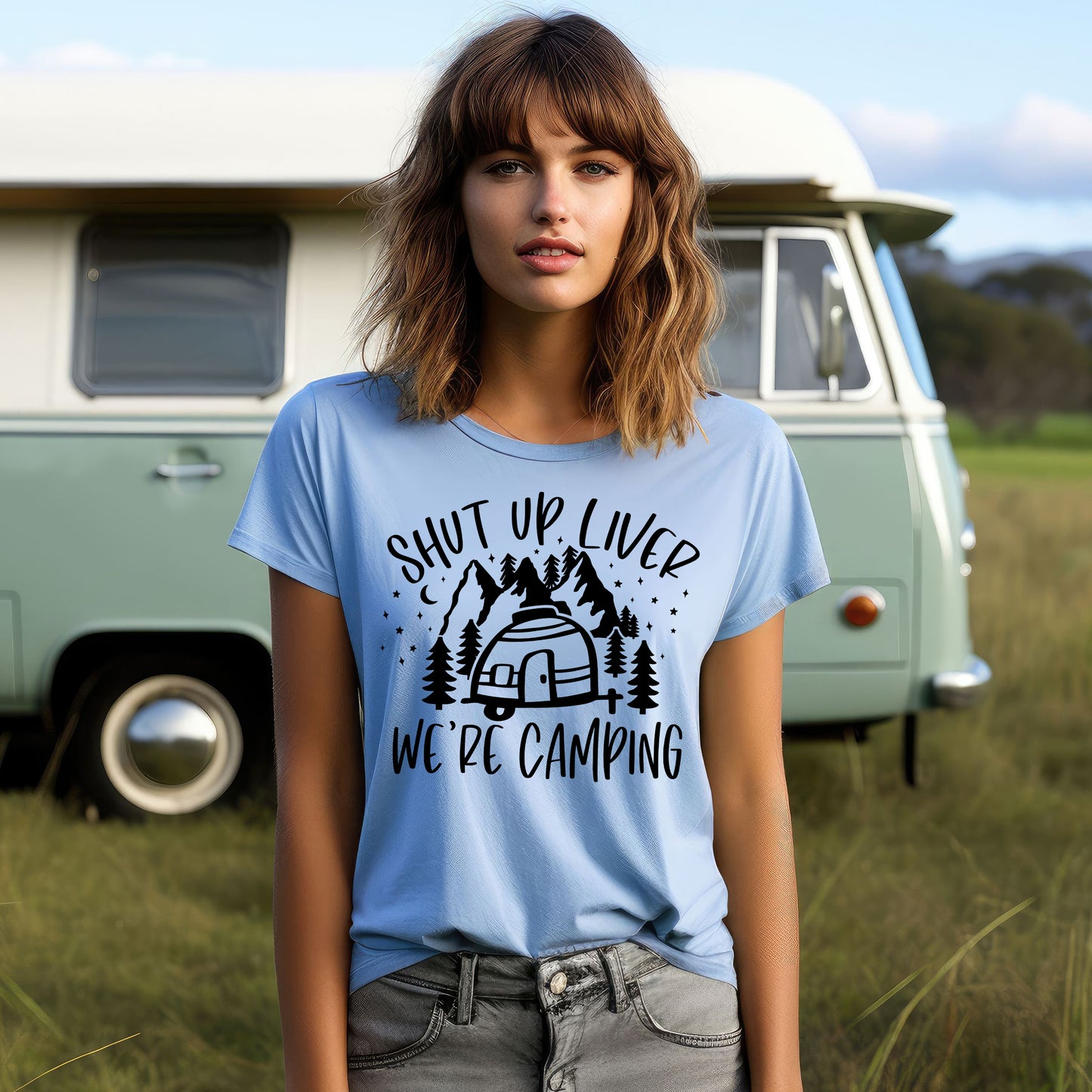 LOW STOCK Shut Up Liver We're Camping- Single Color (black)- 11.5" wide Plastisol Screen Print Transfer