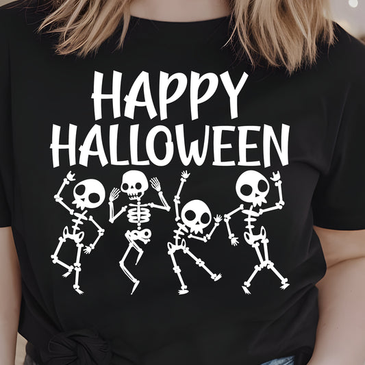 Skeletons Happy Halloween- Single Color (white)- 11.5” wide Single Color Transfer