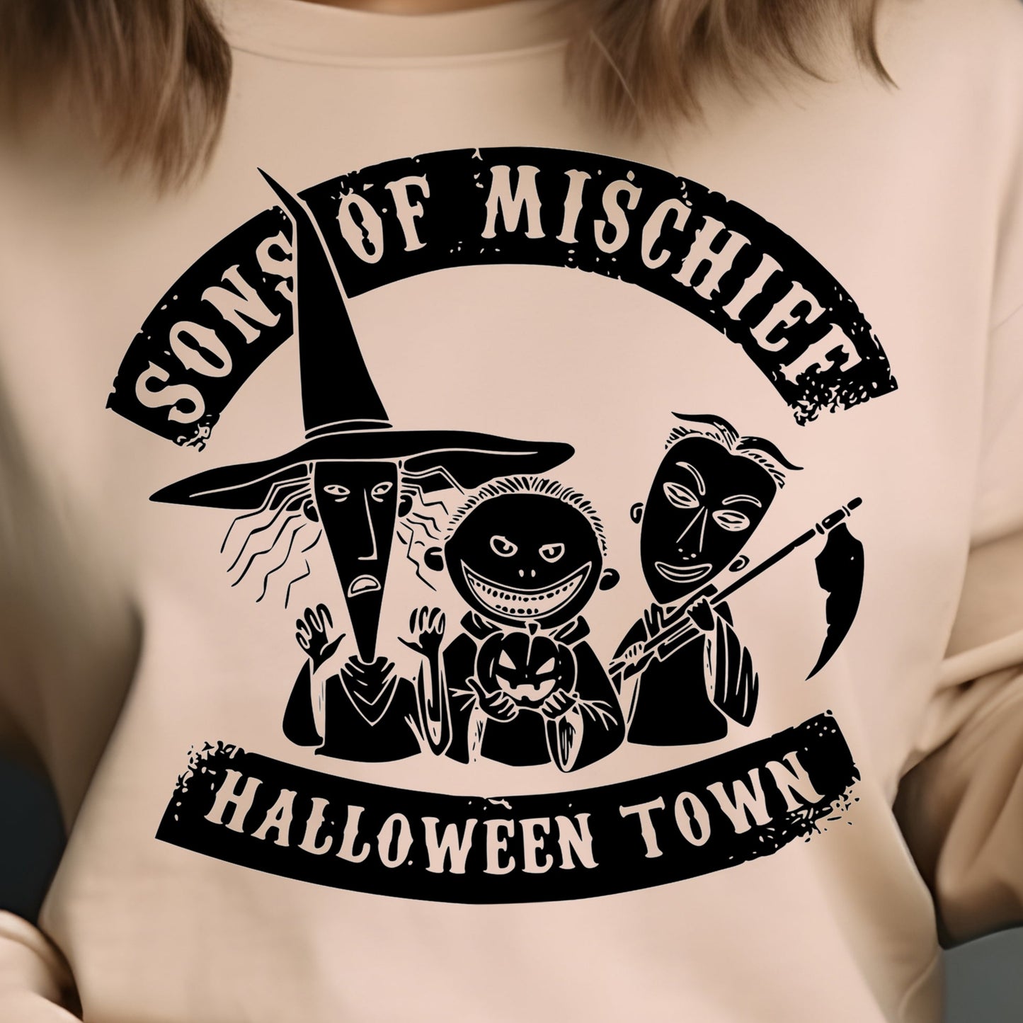 Sons of Mischief- Halloween Town- Single Color (black)- 11.5" wide Plastisol Screen Print Transfer