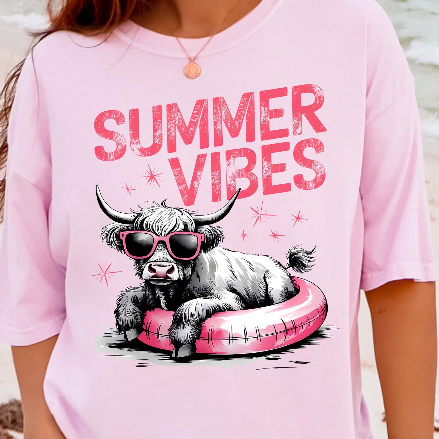 Summer Vibes Highland Cow- Full Color DTF Transfer