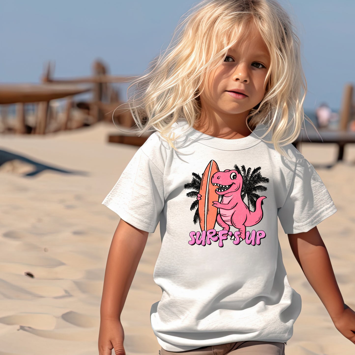 Surf's Up Pink Dino (toddler)- 7" wide DTF Transfer